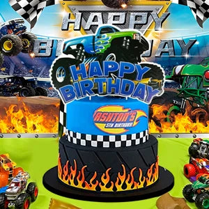 Monster Truck Birthday Party Supplies,72pcs Birthday Decorations&Tableware Kit-Monster Truck Plates and Napkins Banner Backdrop