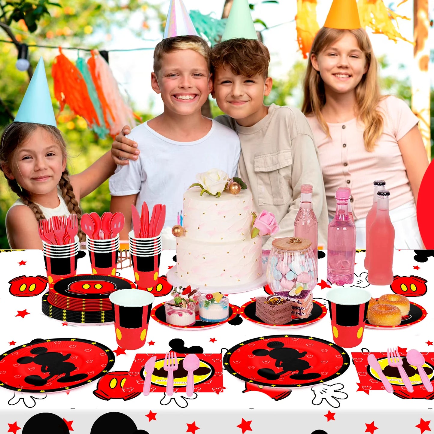 Cartoon Birthday Party Supplies,141pcs Cartoon Birthday Tableware Set - Cartoon Plates Napkins Cups and Mickey Themed Tablecloth