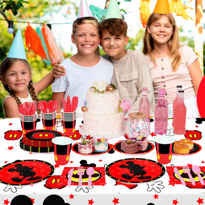 Cartoon Birthday Party Supplies,141pcs Cartoon Birthday Tableware Set - Cartoon Plates Napkins Cups and Mickey Themed Tablecloth