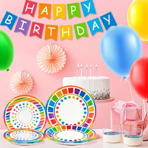 Rainbow Party Supplies,94pcs Party Decorations&Tableware Set-Rainbow Party Plates Napkins Cups & Rainbow Balloons Banner etc
