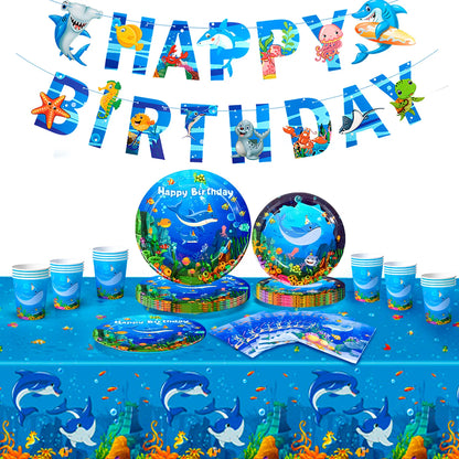 Under The Sea Party Supplies-98pcs Ocean Sea Party Tablewear Set-Marine Life Party Plates Cups Napkins Tablecloth Banner etc