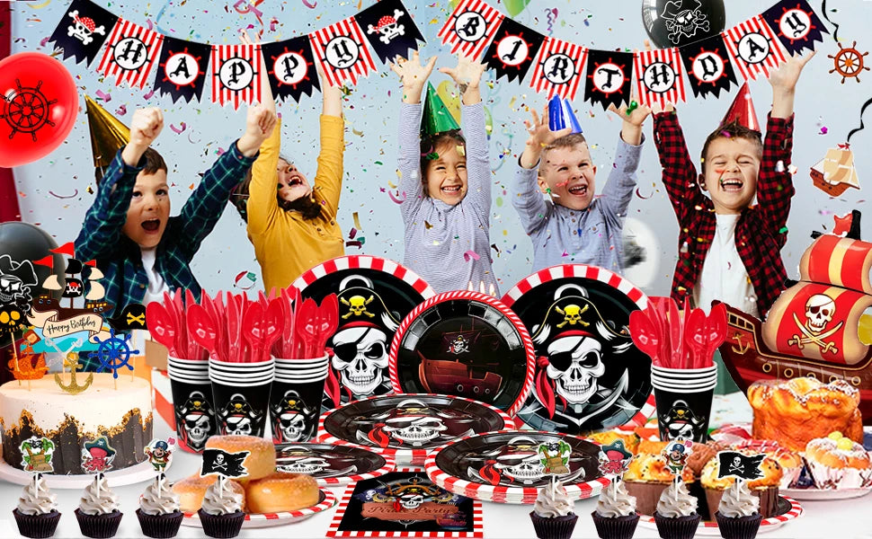 Pirate Birthday Party Supplies,161pcs Party Decorations&Tableware Set-Pirate Haging Swirln&Pirate Plates Cups Napkins etc