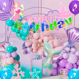 Mermaid Party Supplies and Decorations,202pcs/Serves 16 Decorations&Tableware Set-Party Plates Cups Tablecloth&Balloons Banner
