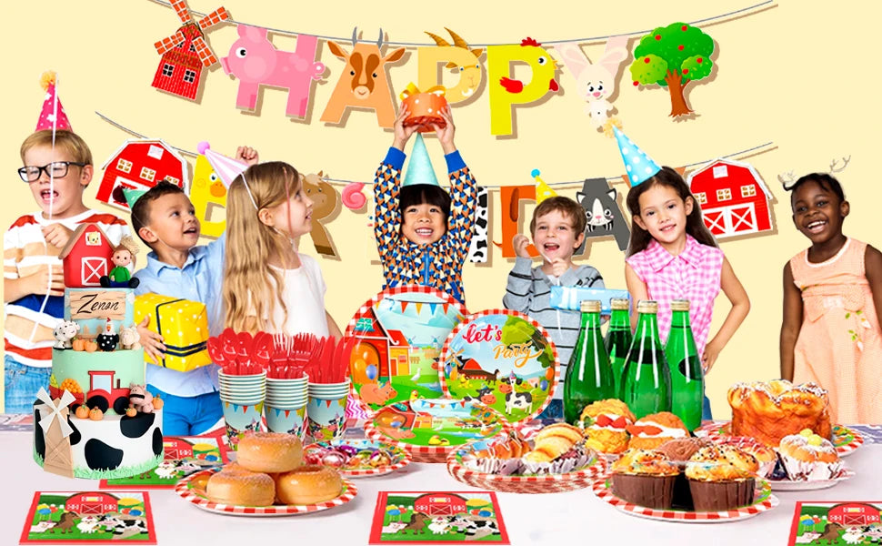Farm House Fun Barnyard Animals Party Supplies,130pcs Theme Birthday Decorations Tableware Set-Plates Cups Napkins Banner etc