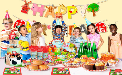 Farm House Fun Barnyard Animals Party Supplies,130pcs Theme Birthday Decorations Tableware Set-Plates Cups Napkins Banner etc