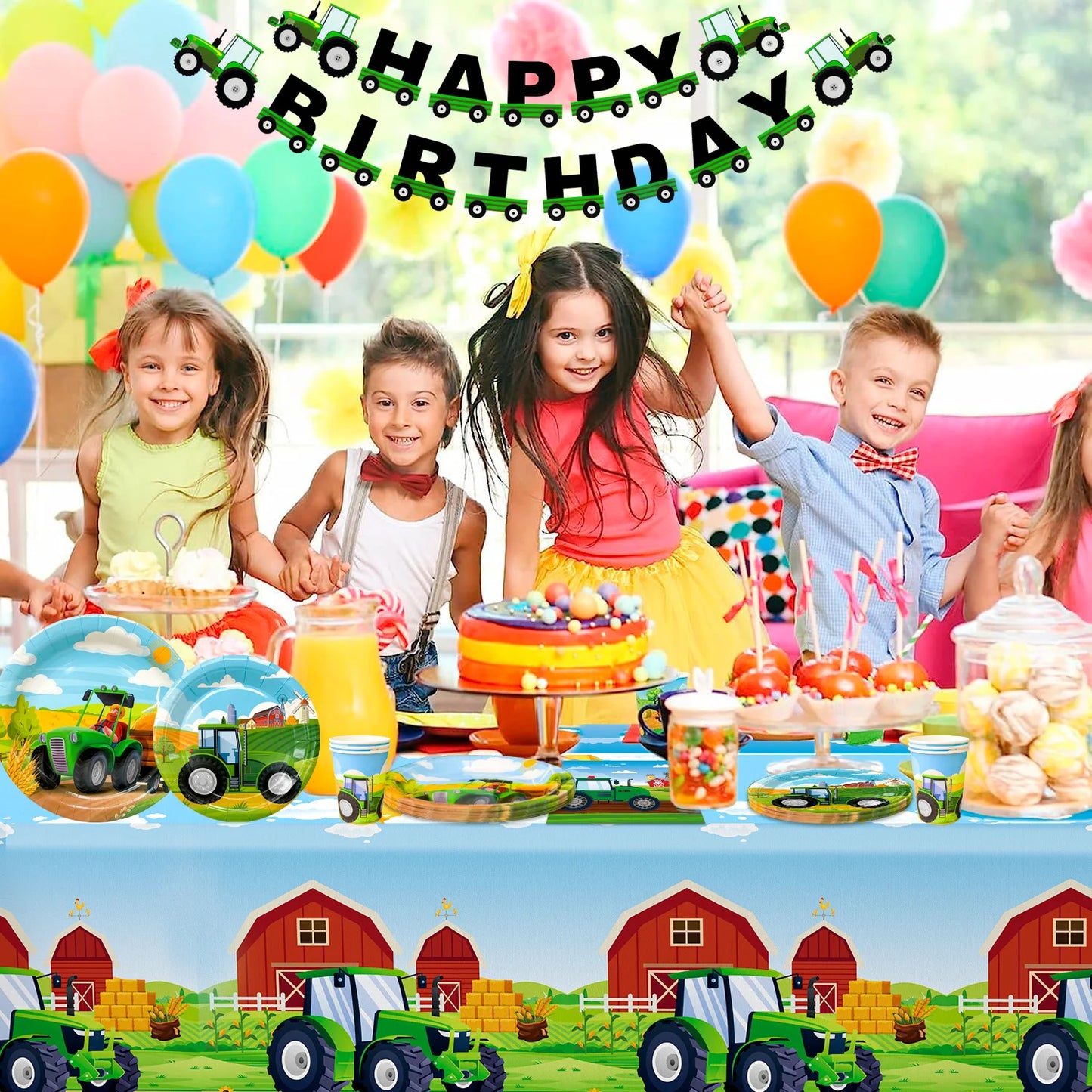 Tractor Birthday Party Supplies,66 pcs Decorations Tableware Pack-Tractor Plates and Napkins Cups Tablecloth&Banner etc