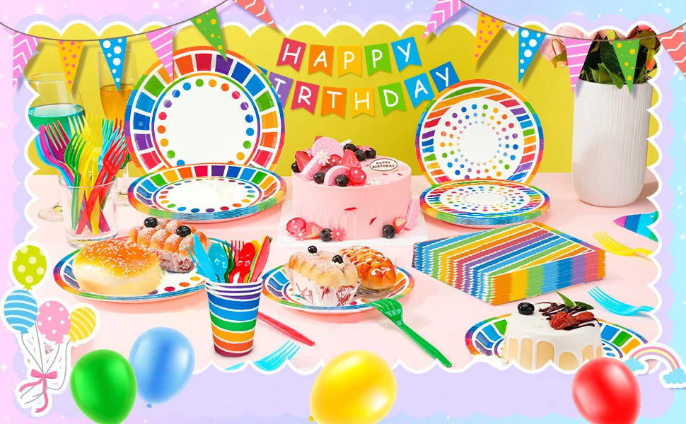 Rainbow Party Supplies,94pcs Party Decorations&Tableware Set-Rainbow Party Plates Napkins Cups & Rainbow Balloons Banner etc