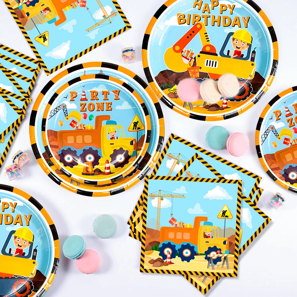 66pcs Construction Party Supplies Tableware Set-Construction Birthday Party Plates Cups Napkins Tablecloth Banner etc