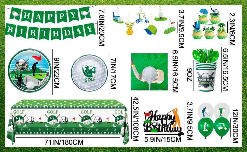 Golf Party Decoration,159PCS Sports Tableware Golf Plates and Napkins  Party Supplies Include Happy Birthday Banner Tablecloth