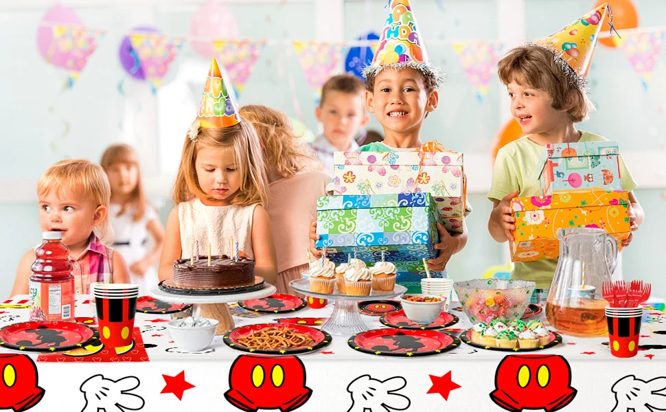 Cartoon Birthday Party Supplies,141pcs Cartoon Birthday Tableware Set - Cartoon Plates Napkins Cups and Mickey Themed Tablecloth