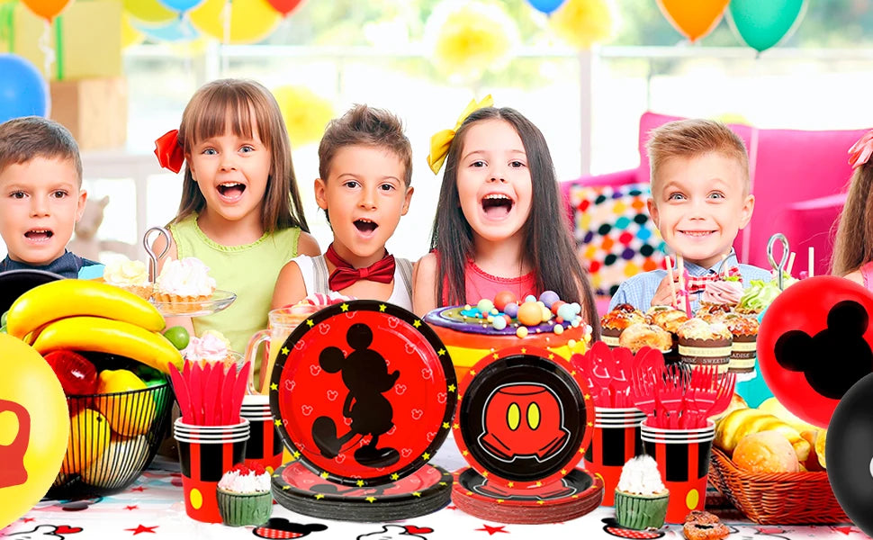Cartoon Birthday Party Supplies,141pcs Cartoon Birthday Tableware Set - Cartoon Plates Napkins Cups and Mickey Themed Tablecloth