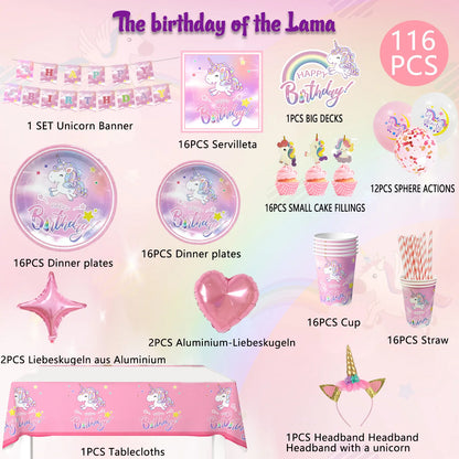Unicorn Birthday Party Supplies,116pcs