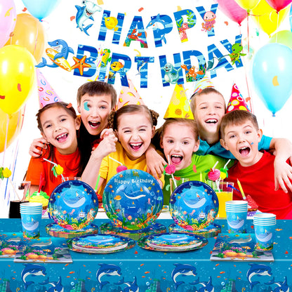 Under The Sea Party Supplies-98pcs Ocean Sea Party Tablewear Set-Marine Life Party Plates Cups Napkins Tablecloth Banner etc
