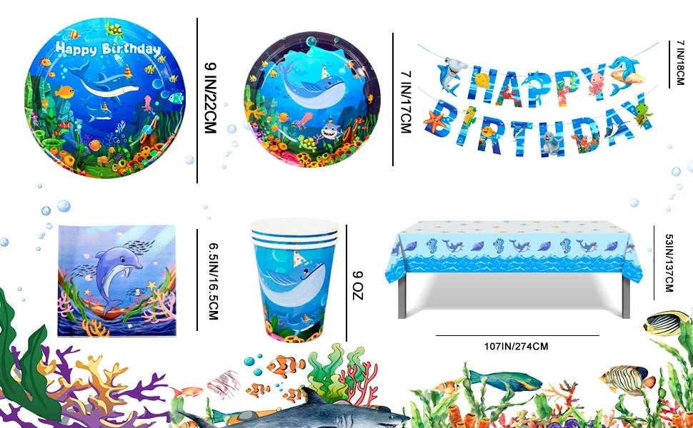 Under The Sea Party Supplies-98pcs Ocean Sea Party Tablewear Set-Marine Life Party Plates Cups Napkins Tablecloth Banner etc