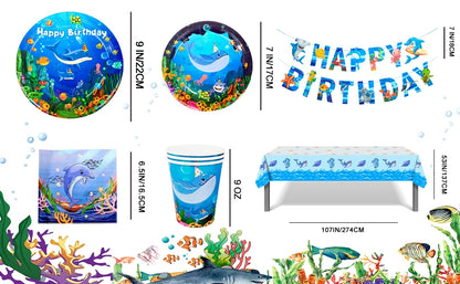 Under The Sea Party Supplies-98pcs Ocean Sea Party Tablewear Set-Marine Life Party Plates Cups Napkins Tablecloth Banner etc