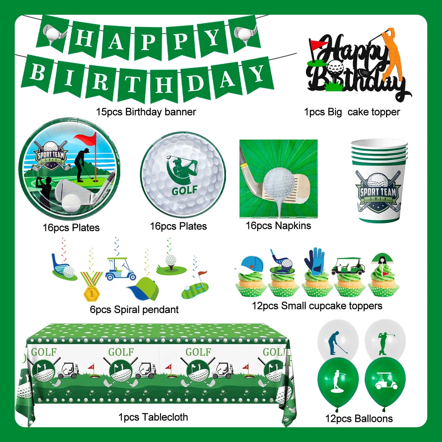 Golf Party Decoration,159PCS Sports Tableware Golf Plates and Napkins  Party Supplies Include Happy Birthday Banner Tablecloth