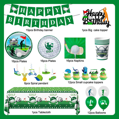 Golf Party Decoration,159PCS Sports Tableware Golf Plates and Napkins  Party Supplies Include Happy Birthday Banner Tablecloth
