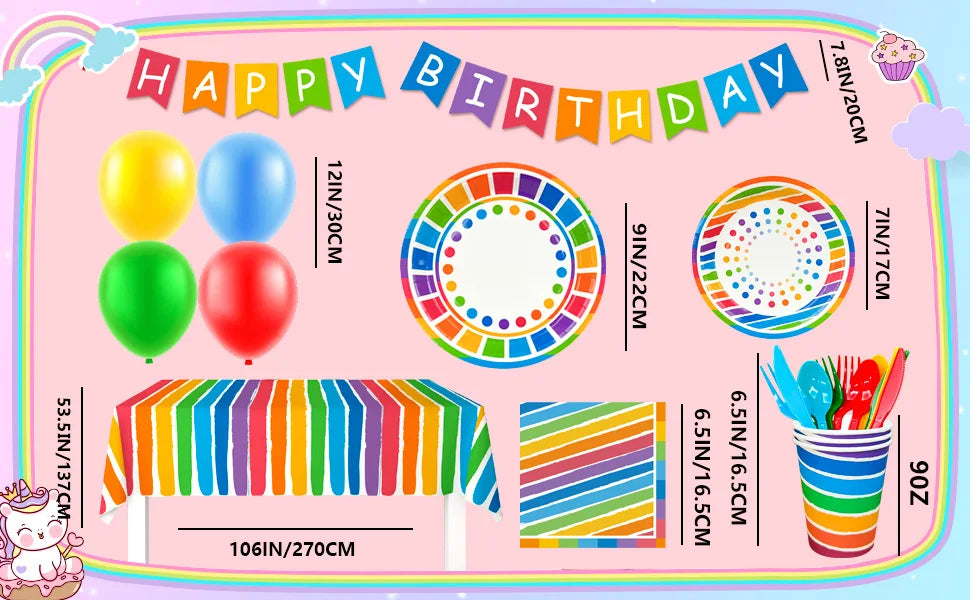 Rainbow Party Supplies,94pcs Party Decorations&Tableware Set-Rainbow Party Plates Napkins Cups & Rainbow Balloons Banner etc