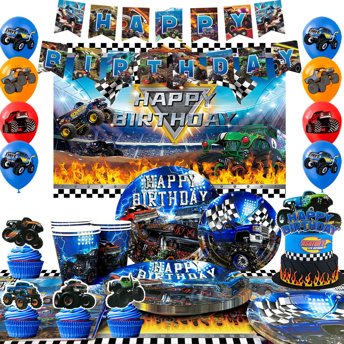 Monster Truck Birthday Party Supplies,72pcs Birthday Decorations&Tableware Kit-Monster Truck Plates and Napkins Banner Backdrop