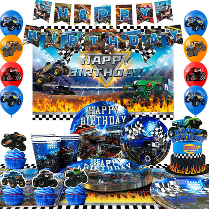 Monster Truck Birthday Party Supplies,72pcs Birthday Decorations&Tableware Kit-Monster Truck Plates and Napkins Banner Backdrop