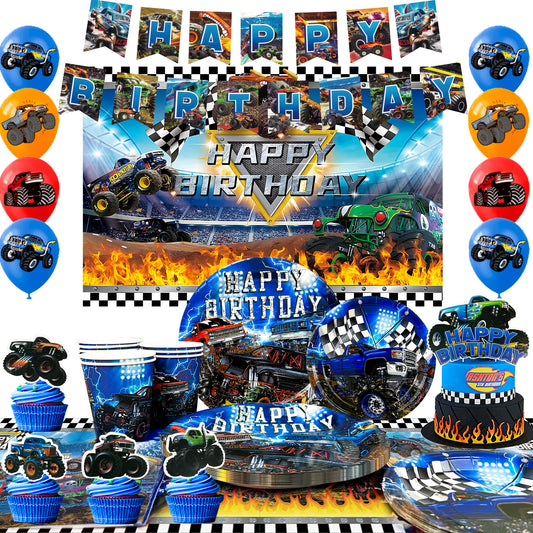 Monster Truck Birthday Party Supplies,72pcs Birthday Decorations&Tableware Kit-Monster Truck Plates and Napkins Banner Backdrop