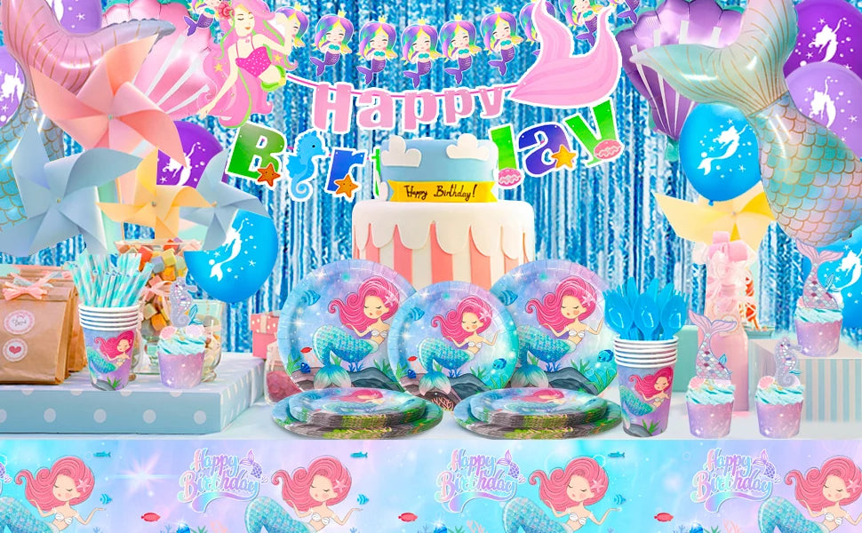 Mermaid Party Supplies and Decorations,202pcs/Serves 16 Decorations&Tableware Set-Party Plates Cups Tablecloth&Balloons Banner