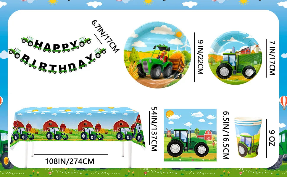 Tractor Birthday Party Supplies,66 pcs Decorations Tableware Pack-Tractor Plates and Napkins Cups Tablecloth&Banner etc