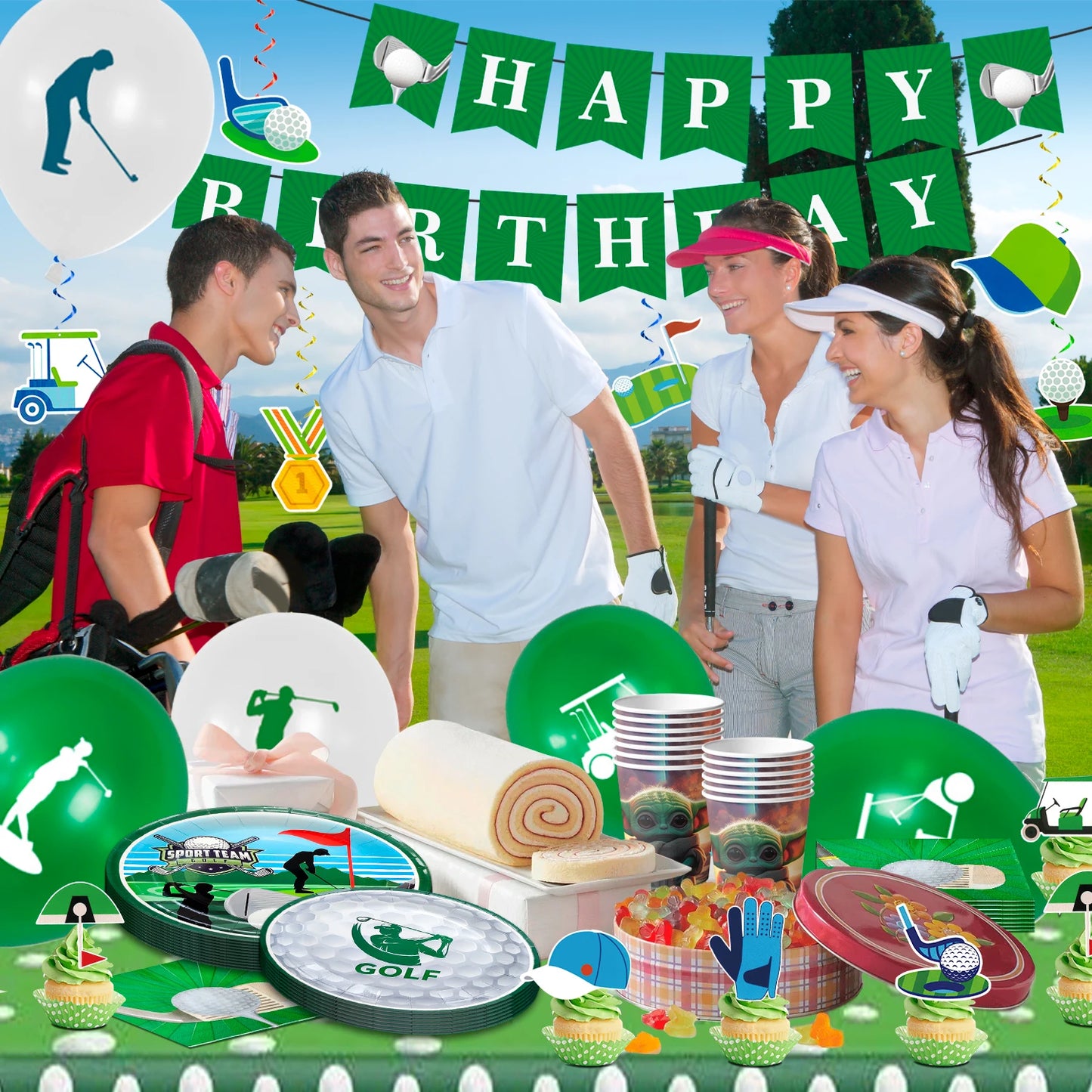 Golf Party Decoration,159PCS Sports Tableware Golf Plates and Napkins  Party Supplies Include Happy Birthday Banner Tablecloth