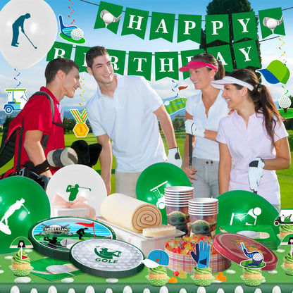 Golf Party Decoration,159PCS Sports Tableware Golf Plates and Napkins  Party Supplies Include Happy Birthday Banner Tablecloth