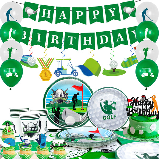 Golf Party Decoration,159PCS Sports Tableware Golf Plates and Napkins  Party Supplies Include Happy Birthday Banner Tablecloth