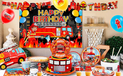 Fire Truck Birthday Party Supplies,70pcs Decorations&Tableware Set-Fire Truck Party Plates Cups Napkins&Themed Balloon Back etc
