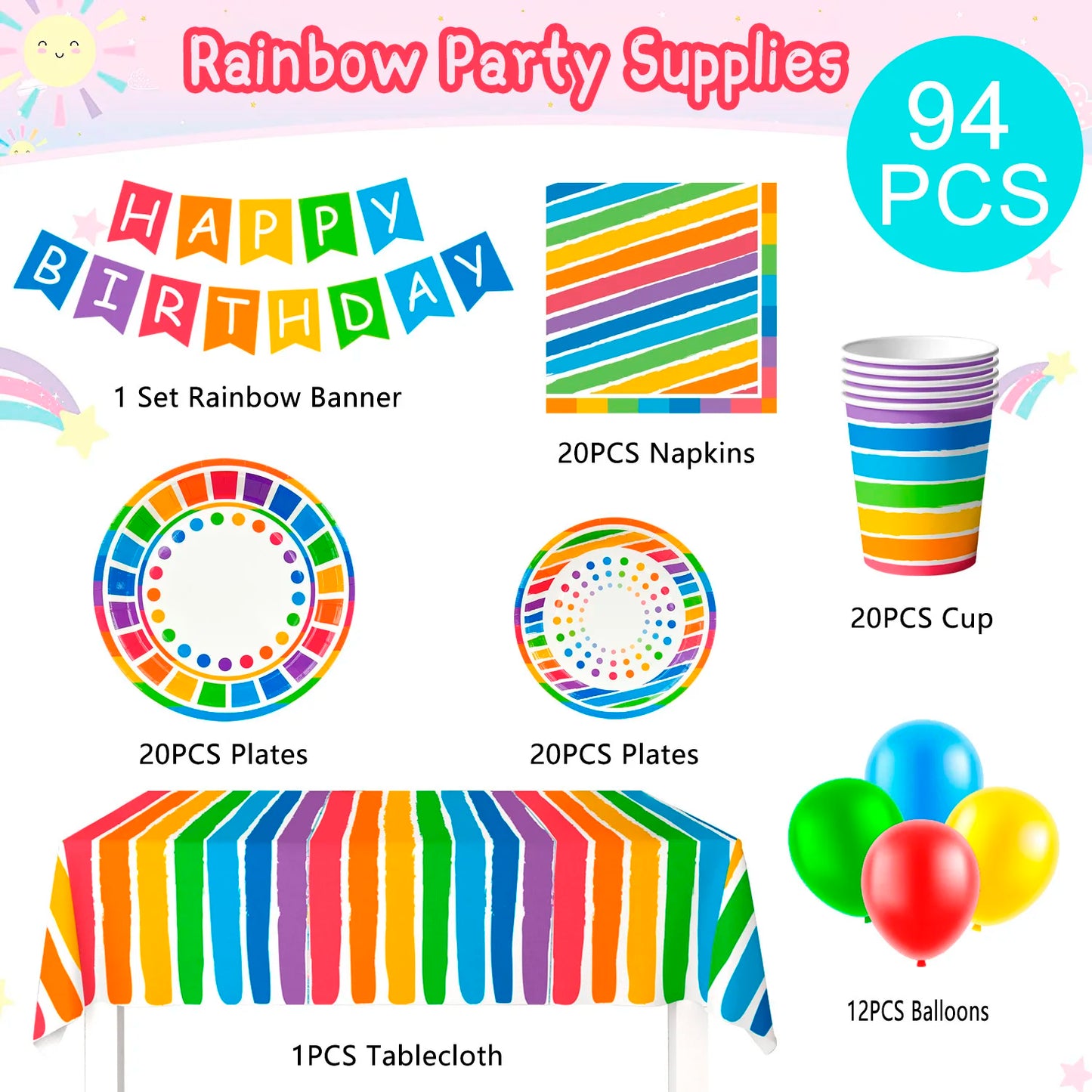 Rainbow Party Supplies,94pcs Party Decorations&Tableware Set-Rainbow Party Plates Napkins Cups & Rainbow Balloons Banner etc