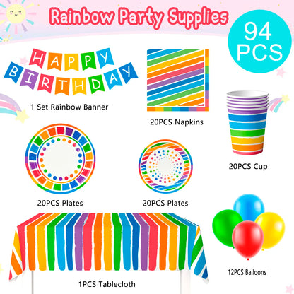Rainbow Party Supplies,94pcs Party Decorations&Tableware Set-Rainbow Party Plates Napkins Cups & Rainbow Balloons Banner etc