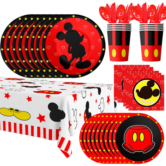 Cartoon Birthday Party Supplies,141pcs Cartoon Birthday Tableware Set - Cartoon Plates Napkins Cups and Mickey Themed Tablecloth