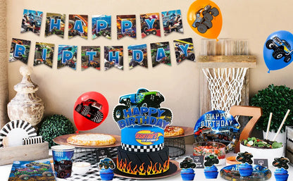 Monster Truck Birthday Party Supplies,72pcs Birthday Decorations&Tableware Kit-Monster Truck Plates and Napkins Banner Backdrop