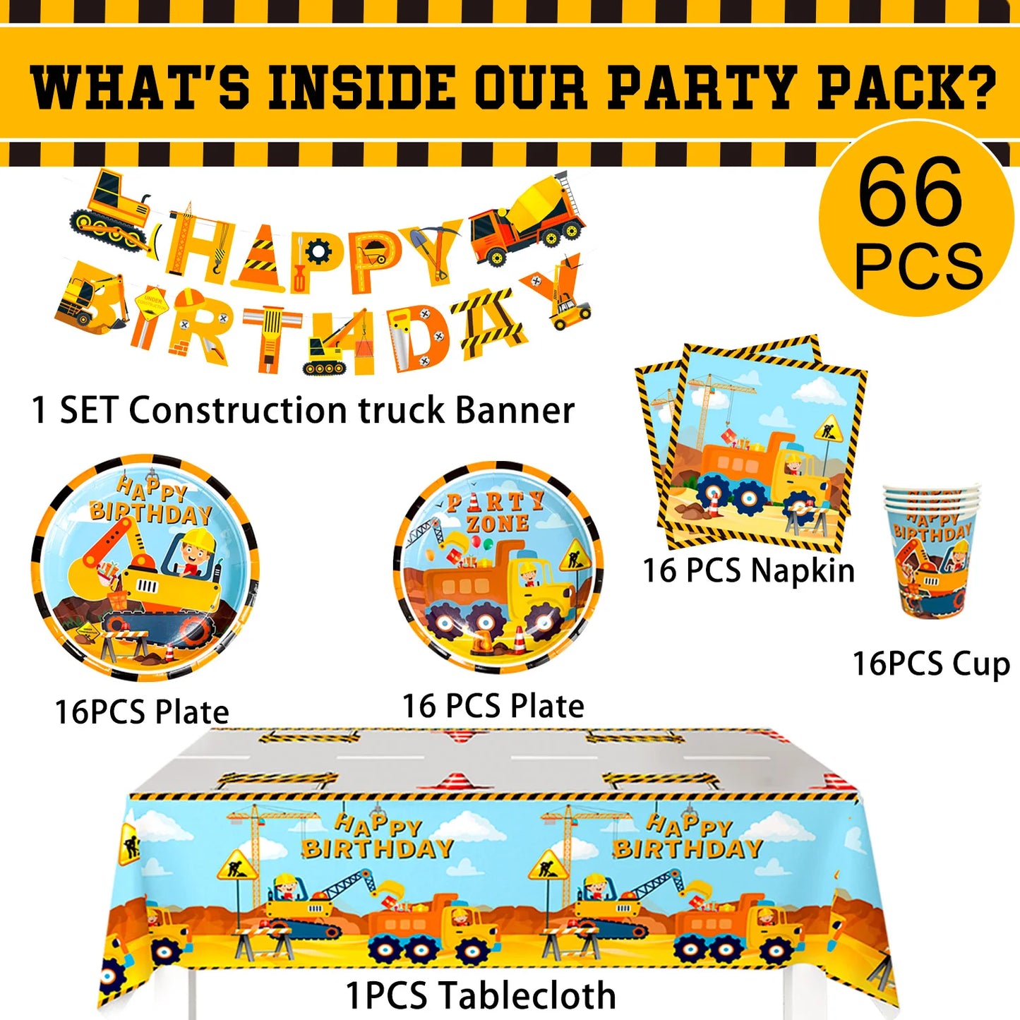 66pcs Construction Party Supplies Tableware Set-Construction Birthday Party Plates Cups Napkins Tablecloth Banner etc