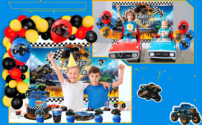 Monster Truck Birthday Party Supplies,72pcs Birthday Decorations&Tableware Kit-Monster Truck Plates and Napkins Banner Backdrop