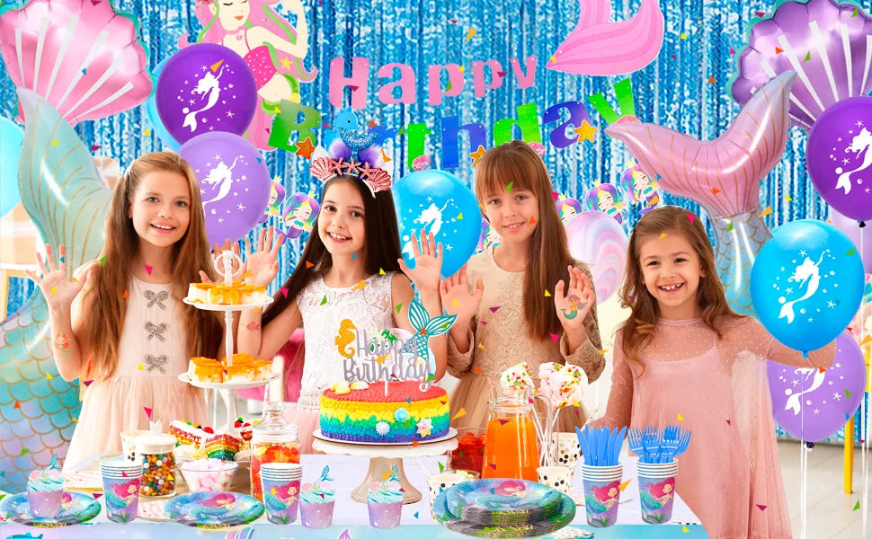 Mermaid Party Supplies and Decorations,202pcs/Serves 16 Decorations&Tableware Set-Party Plates Cups Tablecloth&Balloons Banner