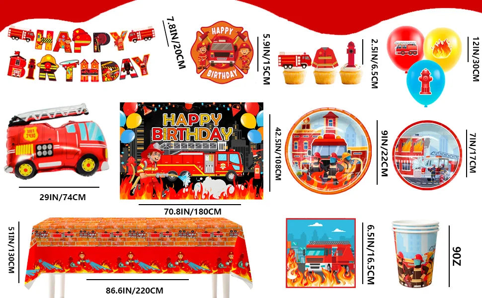 Fire Truck Birthday Party Supplies,70pcs Decorations&Tableware Set-Fire Truck Party Plates Cups Napkins&Themed Balloon Back etc