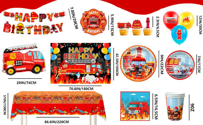 Fire Truck Birthday Party Supplies,70pcs Decorations&Tableware Set-Fire Truck Party Plates Cups Napkins&Themed Balloon Back etc