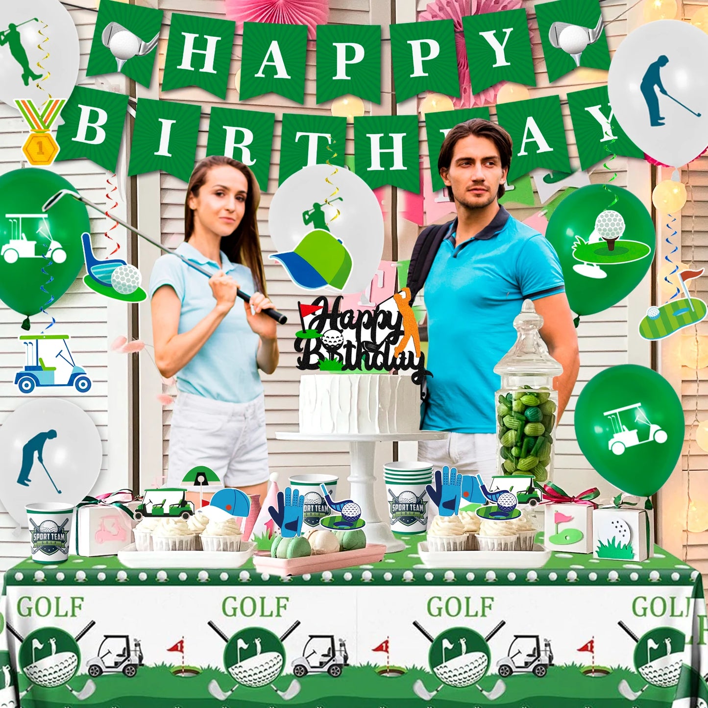 Golf Party Decoration,159PCS Sports Tableware Golf Plates and Napkins  Party Supplies Include Happy Birthday Banner Tablecloth