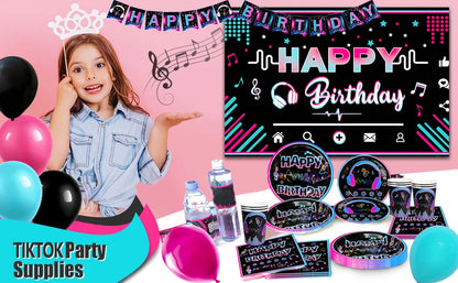 Tik Tok Party Supplies,93pcs Birthday Party Decorations&Tik Tok Tableware Set- Plates Cups and Napkins Tablecloth Balloons etc