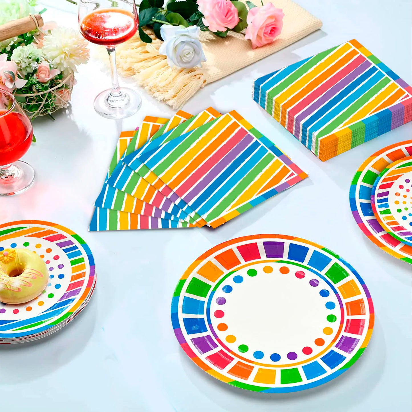 Rainbow Party Supplies,94pcs Party Decorations&Tableware Set-Rainbow Party Plates Napkins Cups & Rainbow Balloons Banner etc