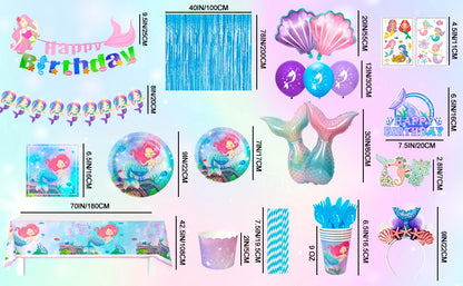 Mermaid Party Supplies and Decorations,202pcs/Serves 16 Decorations&Tableware Set-Party Plates Cups Tablecloth&Balloons Banner