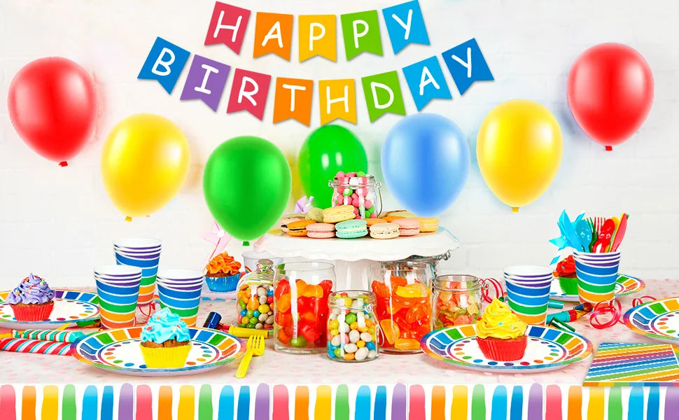 Rainbow Party Supplies,94pcs Party Decorations&Tableware Set-Rainbow Party Plates Napkins Cups & Rainbow Balloons Banner etc