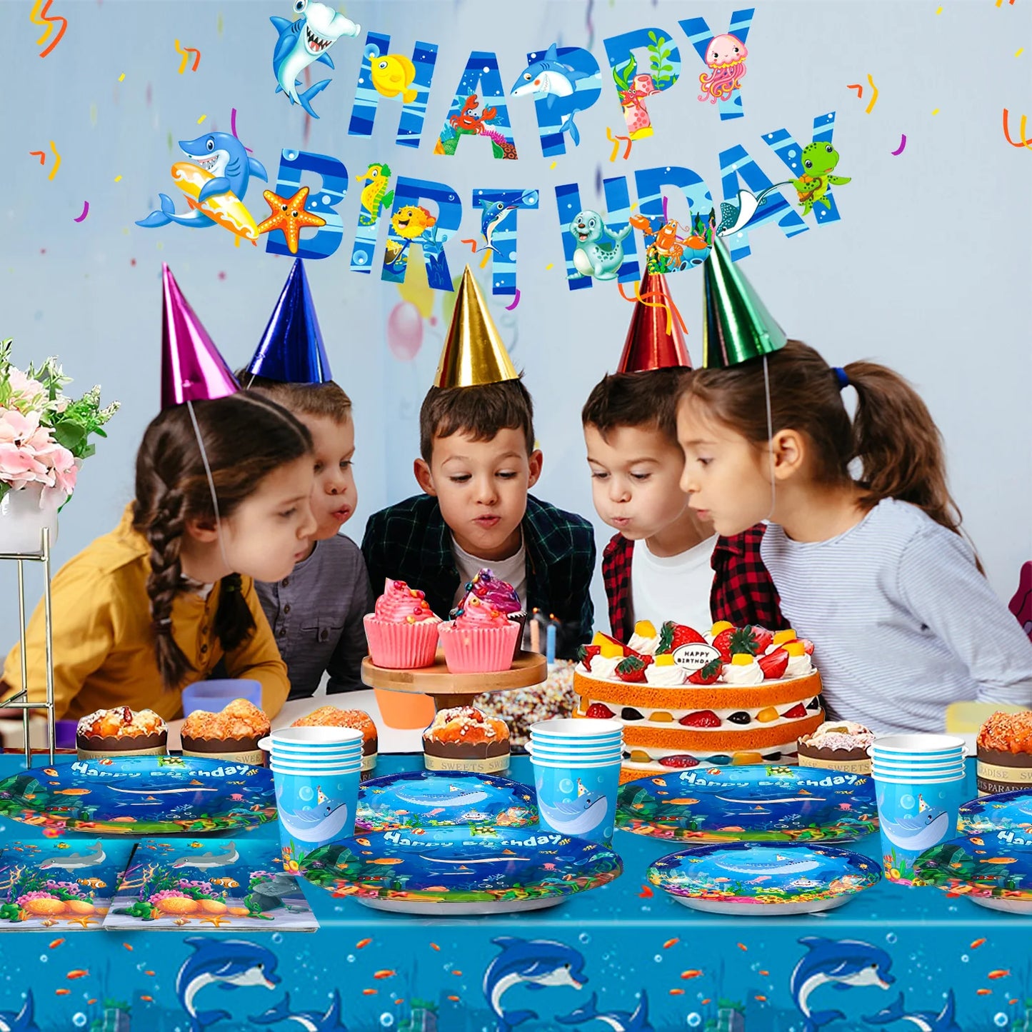 Under The Sea Party Supplies-98pcs Ocean Sea Party Tablewear Set-Marine Life Party Plates Cups Napkins Tablecloth Banner etc