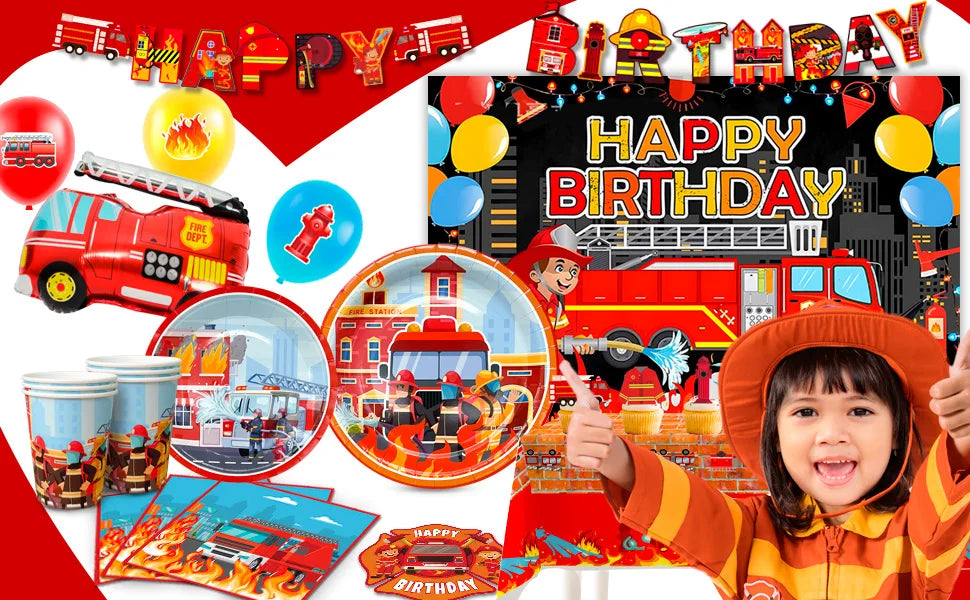 Fire Truck Birthday Party Supplies,70pcs Decorations&Tableware Set-Fire Truck Party Plates Cups Napkins&Themed Balloon Back etc