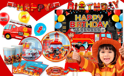 Fire Truck Birthday Party Supplies,70pcs Decorations&Tableware Set-Fire Truck Party Plates Cups Napkins&Themed Balloon Back etc