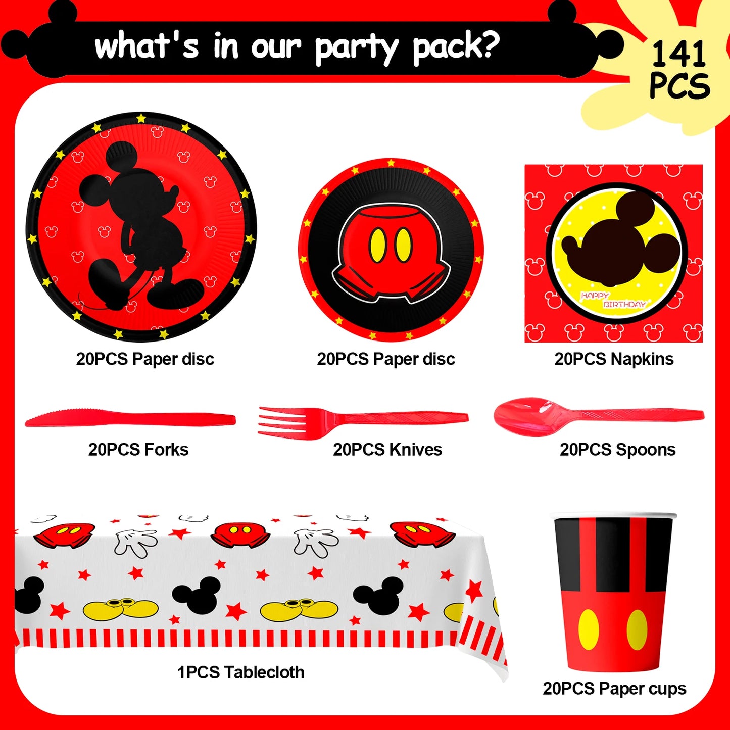 Cartoon Birthday Party Supplies,141pcs Cartoon Birthday Tableware Set - Cartoon Plates Napkins Cups and Mickey Themed Tablecloth
