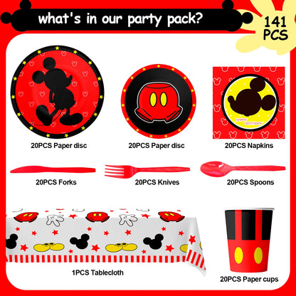 Cartoon Birthday Party Supplies,141pcs Cartoon Birthday Tableware Set - Cartoon Plates Napkins Cups and Mickey Themed Tablecloth